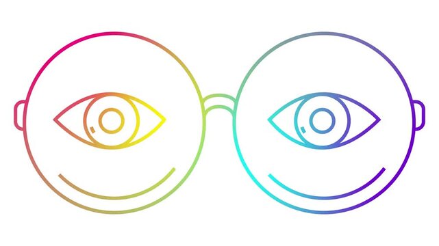 Animated colorful linear symbol of glasses with eyes. Linear icon of eyeglasses. Looped video. Concept of sight, ophthalmologist. Vector illustration on white background.