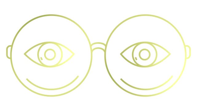 Animated golden linear symbol of glasses with eyes. Linear icon of eyeglasses. Looped video. Concept of sight, ophthalmologist. Vector illustration on white background.