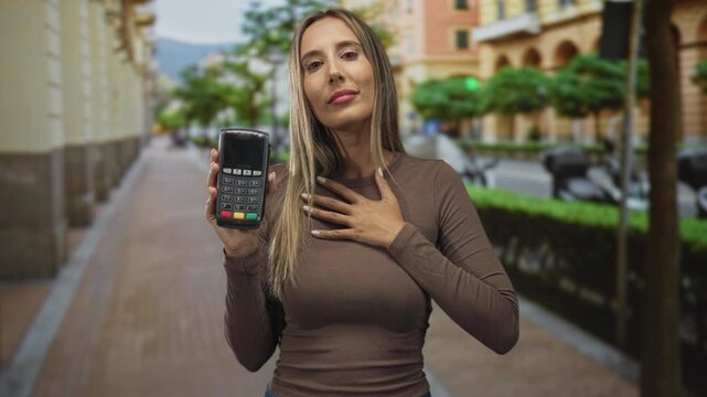 Woman young hispanic blonde holds portable card reader in city street with right hand raised showing device and left hand on chest, eyes closed; gratitude trust.