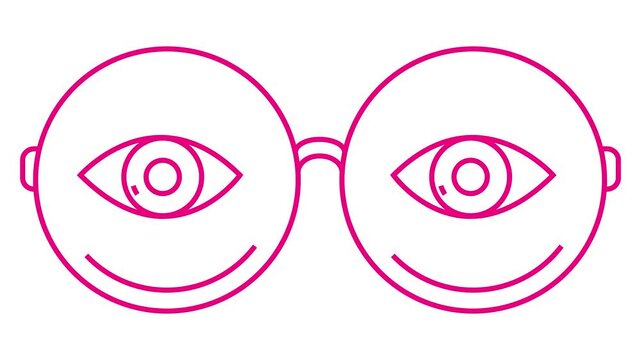 Animated magenta linear symbol of glasses with eyes. Linear pink icon of eyeglasses. Looped video. Concept of sight, ophthalmologist. Vector illustration on white background.