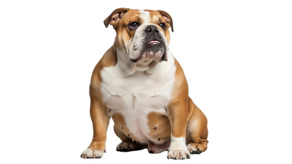 Obraz premium Brown and white English Bulldog sitting with tongue out isolated PNG with Transparent Background