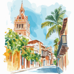 Cartagena Old Town. Cartagena Old Town hand drawn watercolor illustration