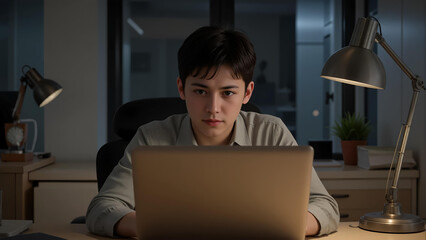 Young Man Working Late on Laptop in Dark Home Office Environment