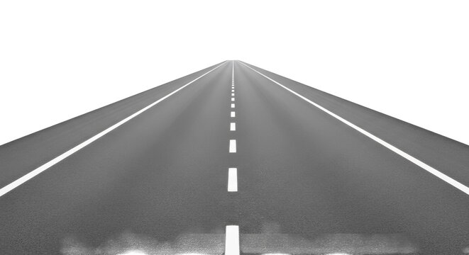 Perspective view of asphalt road with white lane markings isolated PNG, highway stretching into the distance for transportation and travel concepts