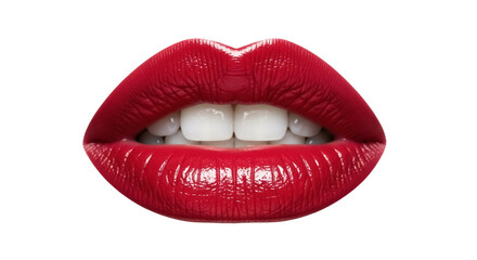 Obraz premium Luscious red lips with glossy lipstick and perfect teeth isolated PNG, makeup beauty concept for fashion and cosmetic advertising on transparent background