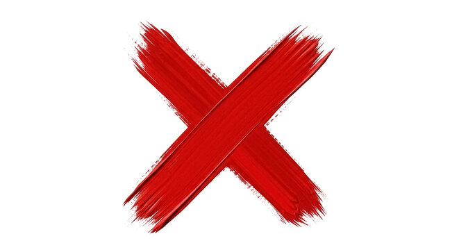 Red paint brush stroke X mark isolated PNG on transparent background, cross symbol for graphic design and rejection