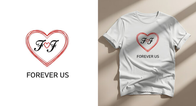 A double heart outline with intertwined F letters and text forever us below