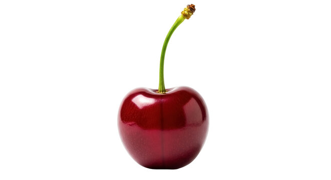 Ripe dark red cherry isolated PNG, fresh fruit with stem on transparent background for healthy eating and summer themes