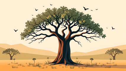Large Baobab Tree in African Savanna Landscape with Birds