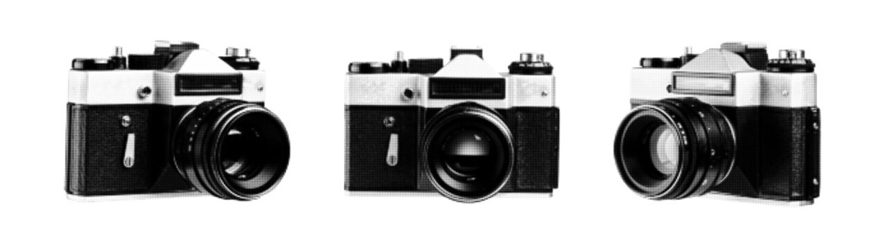 Vintage camera collection in halftone dot style. Retro photographic equipment icons for pop art collage and zine aesthetic. Vector black and white newsprint graphic elements.
