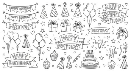 Happy Birthday Doodle Collection: Hand-Drawn Party Icons, Banners, and Cakes Line Art Set