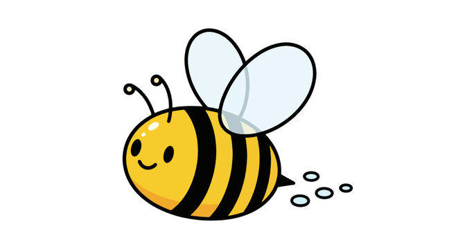 A smiling cartoon bee flies through the air with wings spread and a trail of circles behind, vector illustration
