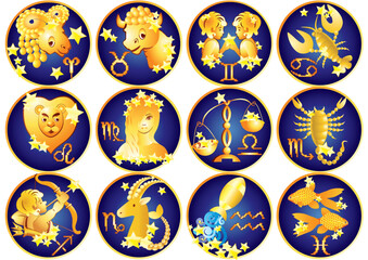 Twelve golden zodiac symbols in blue circles