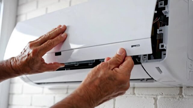 Close up of male hands using a screwdriver to fix an internal air conditioning unit on a white brick wall during home maintenance