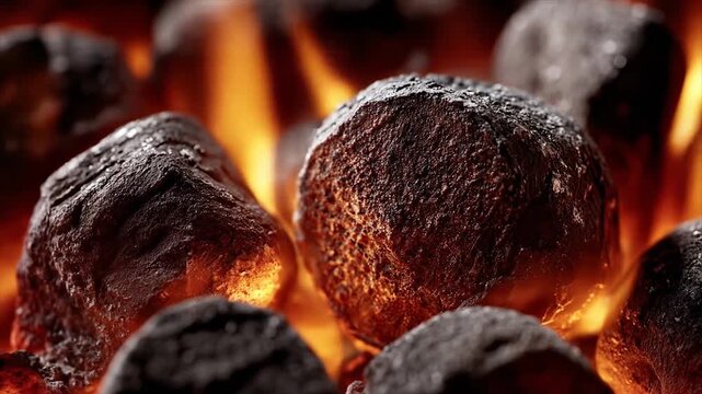 Burning charcoal briquettes in close up view for background
