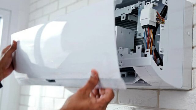 Hands of a technician installing a white indoor air conditioner unit with a screwdriver while working on a bright white brick wall