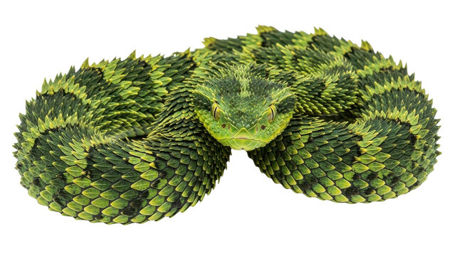 Green and black venomous bush viper snake coiled and looking forward isolated PNG with Transparent Background