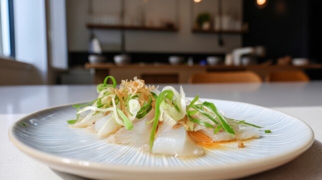 Vinegar cured iwashi with sweet onion and crunch in a modern kitchen. Generative AI