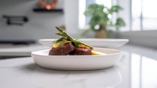 Pan Seared Congrio with Asparagus and Citrus Butter Glaze. Generative AI