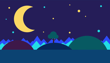 Obraz premium A stylized, minimalist illustration of a serene night landscape with a crescent moon and scattered stars above rolling hills and a lone tree.