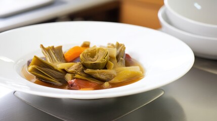 Stewed Artichoke and Vegetables with Broth. Generative AI