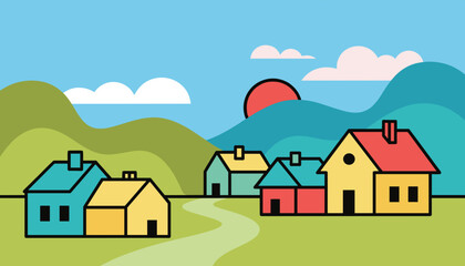 Fototapeta premium A vibrant, stylized illustration of a small village nestled among rolling green hills under a bright blue sky with a setting sun.