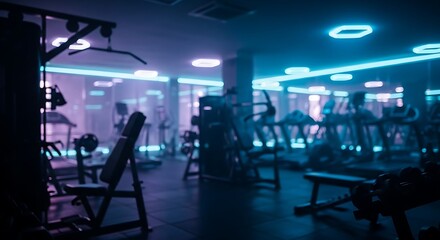 Fototapeta premium Dimly Lit Gym Interior with Blue Lighting and Exercise Equipment