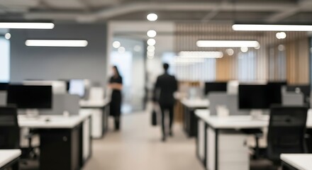 Fototapeta premium Blurry Modern Office Space with People Walking Between Computer Workstations