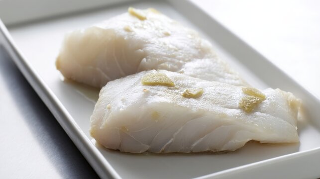 Steamed wolffish fillet with ginger slices on white plate in modern kitchen. Generative AI