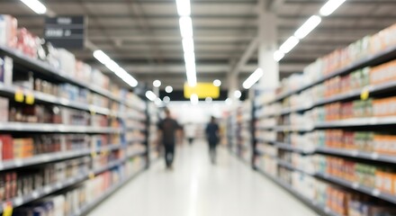 Fototapeta premium Blurry Grocery Store Aisle with Shelves and Shoppers