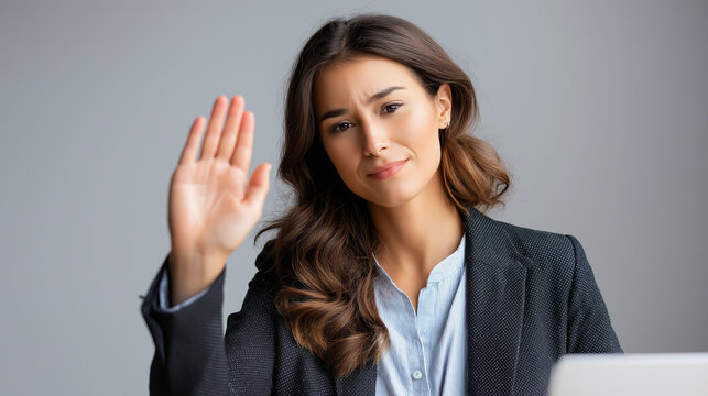 Professional young woman making clear rejection gesture with raised hand and head shake polite declining offer moment showing assertiveness diplomatic negative response