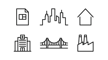 Fototapeta premium Simple Line Icons of Buildings and Structures in Minimalist Style with Black Color on White Background for Web Design