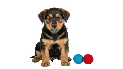 Obraz premium Cute black and tan puppy sitting with red and blue toy balls isolated PNG with Transparent Background