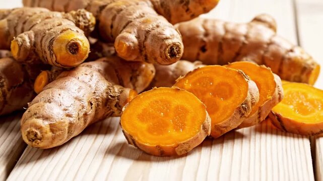 Turmeric rhizomes whole  sliced arranged on wood exhibit vibrant orange interiors