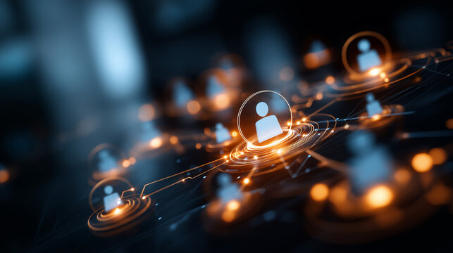 Intricate digital HR management and recruitment concept visualization with glowing nodes advanced human resources technology theme showing connections comprehensive talent