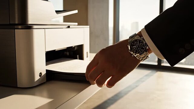 Businessman using printer in office while reaching for paper  