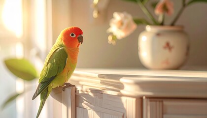 Obraz premium Adorable colorful parrot perched indoors in warm golden sunlight