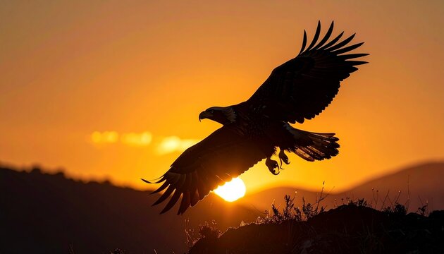 Majestic eagle silhouette landing on a mountain during a golden sunset