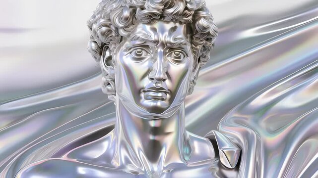 A 3D chrome statue of Michelangelo's David with iridescent rainbow reflections. A concept of modern vaporwave art and classical sculpture remix, 4K  animation.