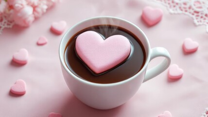 Cozy hot chocolate with a sweet pink heart marshmallow on top.
