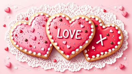 Sweet heart shaped cookies decorated with love message and festive icing for Valentines Day.