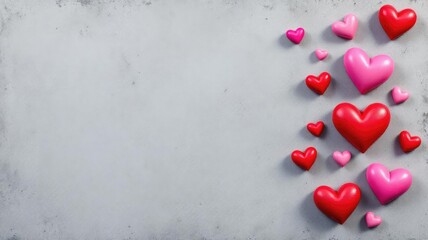 Scattered red and pink heart shapes on a textured grey background for Valentines Day.
