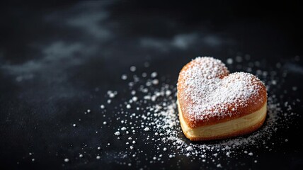 Heart shaped pastry generously dusted with powdered sugar on a dark moody background.
