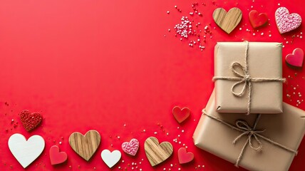 Romantic Valentines Day gifts and assorted heart decorations arranged on a bright red surface.