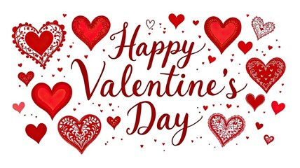 Happy Valentines Day greeting with decorative red hearts illustration.