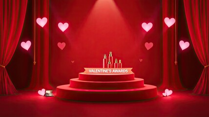 Valentines Awards Ceremony Stage with Luxury Cosmetics and Romantic Heart Decorations.