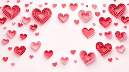 Decorative background with many pink and red hearts symbolizing love and romance.
