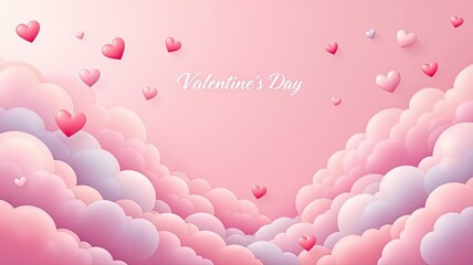 Romantic Valentines Day background with floating hearts and soft clouds.