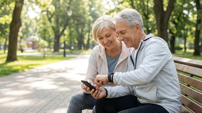 Fit senior couple using smartphone and smartwatch on park bench checking fitness tracking app for healthy active aging technology and wellness lifestyle