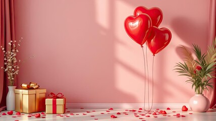 Romantic Valentine Celebration Scene with Heart Balloons and Gifts.